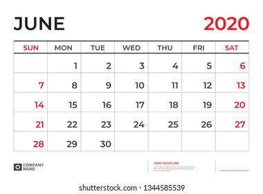 Calendar 2021 template, June 2020 Calendar template, Desk calendar layout  Size 9.5 x 6.5 inch, planner design, week starts on sunday, stationery design, vector Eps10