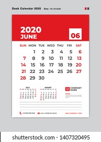Calendar 2021 template, JUNE 2020 year template, Desk Calendar for 2020 year, week start on sunday, planner, stationery, red Concept, vertical layout vector, business printing design