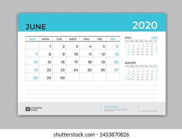 Calendar 2021 template, JUNE 2020 template, Desk Calendar for 2020 year, week start on sunday, planner design, stationery, business printing, vector eps10