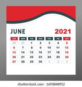 calendar 2021 template. June Page vector for calendar 2021 template. Table, Wall, Desk calendar design. Week starts on Sunday. Minimal Diary Planner Design. printing, advertisement, Red background
