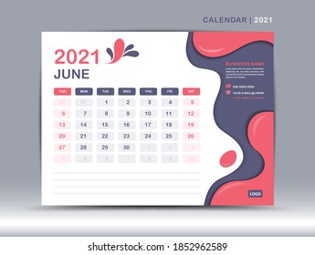 Calendar 2021 template, June Page design, Desk calendar vector for calendar 2021 template, Week starts on Monday, Fluid colorful background,  Trendy minimal, creative design
