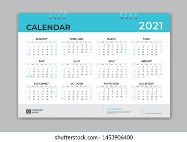 Calendar 2021 template layout, 12 months Desk calendar 2021, Blue background, business brochure flyer, print media, advertisement, Simple design template, vector illustration
