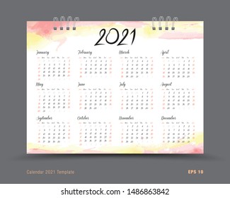 Calendar 2021 template layout, 12 months yearly calendar set in 2021, watercolor background, Wall calendar, business brochure flyer, print media, advertisement, Simple, vector illustration