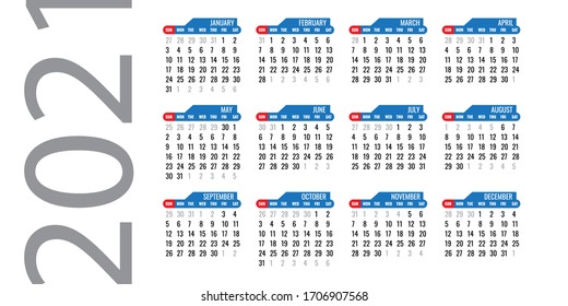 Calendar 2021 template layout, 12 months yearly calendar set in 2021 blue background, business brochure flyer, print media, advertisement, Simple design template, vector illustration