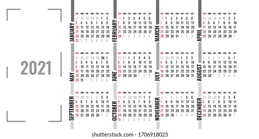 Vorlagenlayout Kalender 2021, 12-monatiger Jahreskalender festgelegt auf grauem Hintergrund 2021, Geschäftsbroschüre, Printmedien, Werbung, Einfache Design-Vorlage, Vektorillustration-Illustration