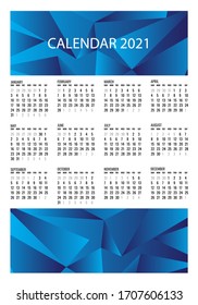 Vorlagenlayout Kalender 2021, 12-monatiger Jahreskalender 2021: Zwillingsblauer Hintergrund, Geschäftsbroschürenflyer, Printmedien, Werbung, Einfache Design-Vorlage, Vektorillustration-Illustration