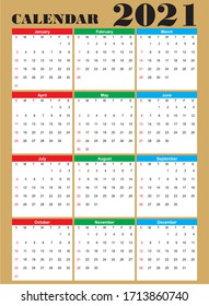 Diseño de plantilla de Calendario 2021. Calendario anual de 12 meses fijado en 2021. La semana empieza el domingo. Plantilla de diseño simple. ilustración vectorial.