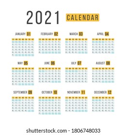 Calendar 2021 template layout. 12 months yearly calendar set in 2021 on white background for organization and business. Vector illustration for web, reminder, planner. Eps 10.