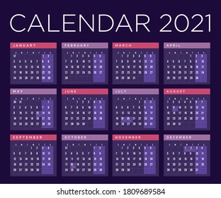 Diseño de la plantilla Calendar 2021, calendario anual de 12 meses establecido en 2021