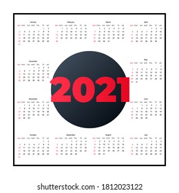 Kalenderplan 2021, 12 Monate jährlicher Kalender 2021, roter Hintergrund, Geschäftsbroschürenflyer, Printmedien, Werbung, Einfache Design-Vorlage, Vektorgrafik.