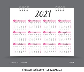 Diseño de plantilla de Calendar 2021, calendario anual de 12 meses establecido en 2021, folleto de negocios, medios de impresión, publicidad, plantilla de diseño simple, ilustración vectorial