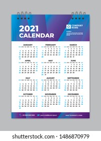 Calendar 2021 template layout, poster, wall calendar 2021, business brochure flyer, print media, advertisement, Simple design template, blue and purple gradient background, creative vector
