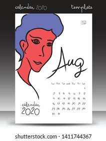 calendar 2021 template, Lettering calendar, August 2020 template, hand-drawn cartoon vector illustration Can be used for postcard, gift card, banner, poster, card and printable 