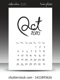 calendar 2021 template, Lettering calendar, October 2020, hand drawn Lettering calendar vector illustration