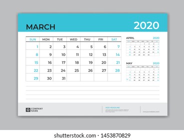 Calendar 2021 template, MARCH 2020 template, Desk Calendar for 2020 year, week start on sunday, planner design, stationery, business printing, vector eps10