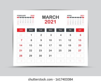 calendar 2021 template. March Page vector for calendar 2021 template. Table, Wall, Desk calendar design. Week starts on Monday, Minimal Diary Planner Design. printing, advertisement, Red background