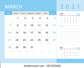 Plantilla de calendario 2021, marzo de 2021 año, diseño de calendario teórico 2021, plantilla de planificación de diseño corporativo. Fondo azul