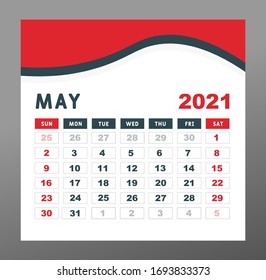 calendar 2021 template. May Page vector for calendar 2021 template. Table, Wall, Desk calendar design. Week starts on Sunday. Minimal Diary Planner Design. printing, advertisement, Red background