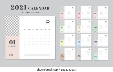 Calendar 2021 template. Minimal design. Calendar template design with place for company logo and photo. Vector illustration