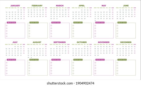 Calendar 2021 template. Monthly design nice colors, with to do monthly goals list. Good for wall calendar background or planners. Vector
