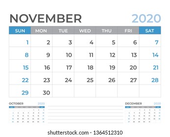 Calendar 2021 template, November 2020 Calendar template, Desk calendar layout  Size 8 x 6 inch, planner design, week starts on sunday, stationery design, vector Eps10