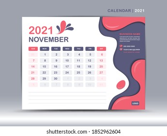 Calendar 2021 template, November Page design, Desk calendar vector for calendar 2021 template, Week starts on Monday, Fluid colorful background,  Trendy minimal, creative design
