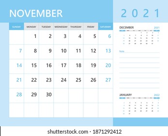 Calendar 2021 template, November 2021 year, desk calendar 2021 layout, corporate design planner template. Blue background