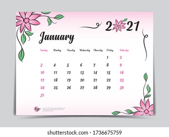Calendar 2021 template pink flower concept creative design, January 2021 month,  Simple desk calendar design, Week starts from Sunday. vector eps10