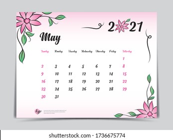 Calendar 2021 template pink flower concept creative design, May 2021 month,  Simple desk calendar design, Week starts from Sunday. vector eps10