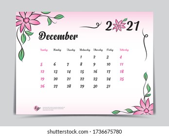 Calendar 2021 template pink flower concept creative design, December 2021 month,  Simple desk calendar design, Week starts from Sunday. vector eps10