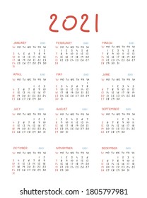 Calendar 2021 template planner. Hand drawn. Vector new year calender in clean minimal table simple style.Week Starts Sunday.12 month annual timetable diary.  Set of 12 Months.