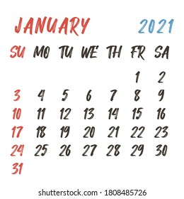 Planificador de plantillas de Calendario 2021. Dibujado a mano. Vector de calendario de año nuevo con un estilo sencillo minimalista. La semana comienza el domingo.12 mes del diario anual del horario.  Conjunto de 12 meses.