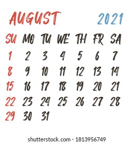 Calendar 2021 template planner. Hand drawn. Vector new year calender in clean minimal table simple style.Week Starts Sunday.12 month annual timetable diary.  AUGUST