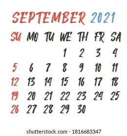 Planificador de plantillas de Calendario 2021. Dibujado a mano. Vector de calendario de año nuevo con un estilo sencillo minimalista de tabla. La semana comienza el domingo.Diario de tiempo.  Septiembre.