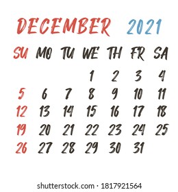 Calendar 2021 template planner. Hand drawn. Vector new year calender in clean minimal table simple style.Week Starts Sunday.Timetable diary. October