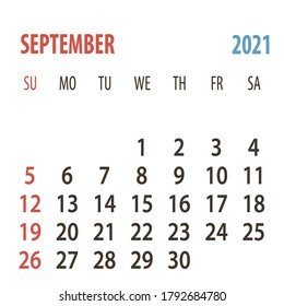 Calendar 2021 template planner one month September. Vector new year calender in clean minimal table simple style.Week Starts Sunday.