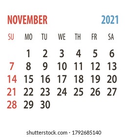 Planificador de plantillas de Calendario 2021 un mes de noviembre .Vector calendario de año nuevo con un estilo sencillo de tabla minimalista.Semana Comienza el domingo.