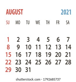 Calendario 2021 planner de plantilla un mes de agosto . Vector de calendario de año nuevo con un estilo sencillo minimalista de mesa. La semana empieza el domingo.