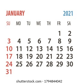 Calendar 2021 template planner one month. January. Vector new year calender in clean minimal table simple style.Week Starts Sunday.