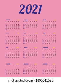 Calendar 2021 template planner.Vector new year calender in clean minimal table simple style.Week Starts Sunday.12 month annual timetable diary.  Set of 12 Months.