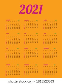 Calendar 2021 template planner.Vector new year calender in clean minimal table simple style.Week Starts Sunday.12 month annual timetable diary.  Set of 12 Months.
