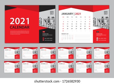 Calendario 2021 Plantilla concepto creativo rojo, diseño de calendario Set Desk, conjunto de 12 páginas de calendario con vector de diseño de portada, calendario de pared con tipografía, la semana comienza el lunes, se puede utilizar la fotografía de lugar