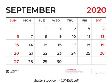 Calendar 2021 template, SEPTEMBER 2020 Calendar template, Desk calendar layout  Size 9.5 x 6.5 inch, planner design, week starts on sunday, stationery design, vector Eps10