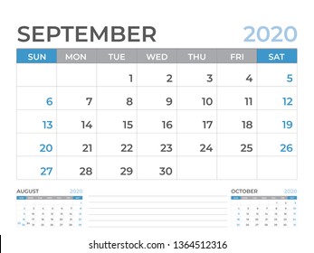 Calendar 2021 template, September 2020 Calendar template, Desk calendar layout  Size 8 x 6 inch, planner design, week starts on sunday, stationery design, vector Eps10