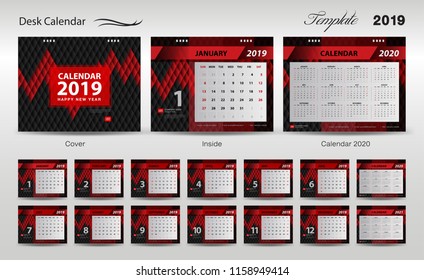 Calendar 2021 template, Set Desk Calendar 2020 template design vector, cover design, Set of 12 Months, Week starts Sunday, Stationery design, flyer layout, printing media, red polygonal background