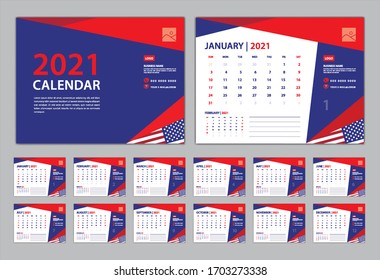 Calendar 2021 Template, Set Desk Calendar design, Set of 12 calendar pages  with Cover design vector, wall Calendar with Typographic, Week starts on Monday, Can be use Place Photo and Company Logo. 