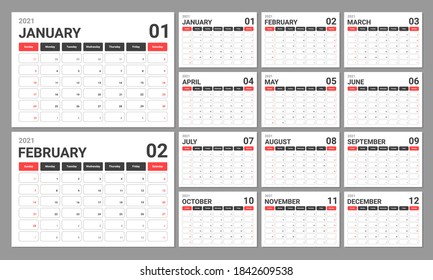 Calendar 2021 template. Calendar sheets in a minimalistic style. Week starts on Sunday. Vector illustration.