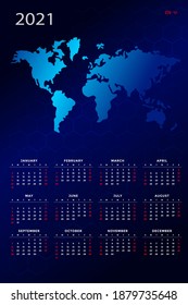 Plantilla Calendario 2021 con diseño colorido del logotipo del mapa del mundo de la tecnología y fondo oscuro. Ilustración del vector abstracto.