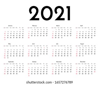 Calendar 2021 template. Tradicional calendar. Calendar starts sunday. Vector illustration.