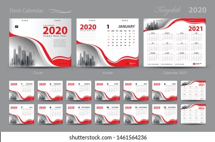 Calendar 2021 template vector, Desk Calendar 2020-2022, cover design, Set of 12 Months, Week starts Sunday, Stationery design, flyer layout, planner, printing media, red background, advertisement